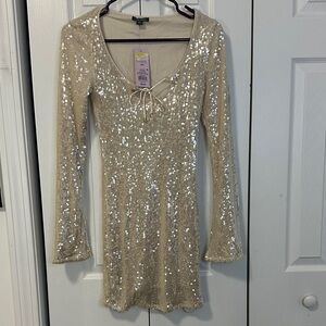 Wild Fable Sequin Midi Dress in Gold/Cream